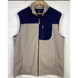 G H Bass Mens Fleece Vest CL 2-Tone Navy Tan Beige Full Zip Pockets Snap Outdoor